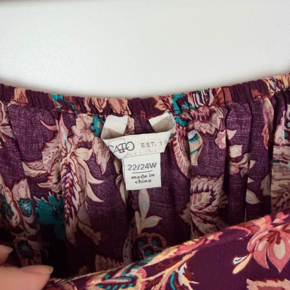 Cato Boho Floral Peasant Bell Sleeve Blouse Size 22/24W Burgundy Lightweight - Picture 5 of 9